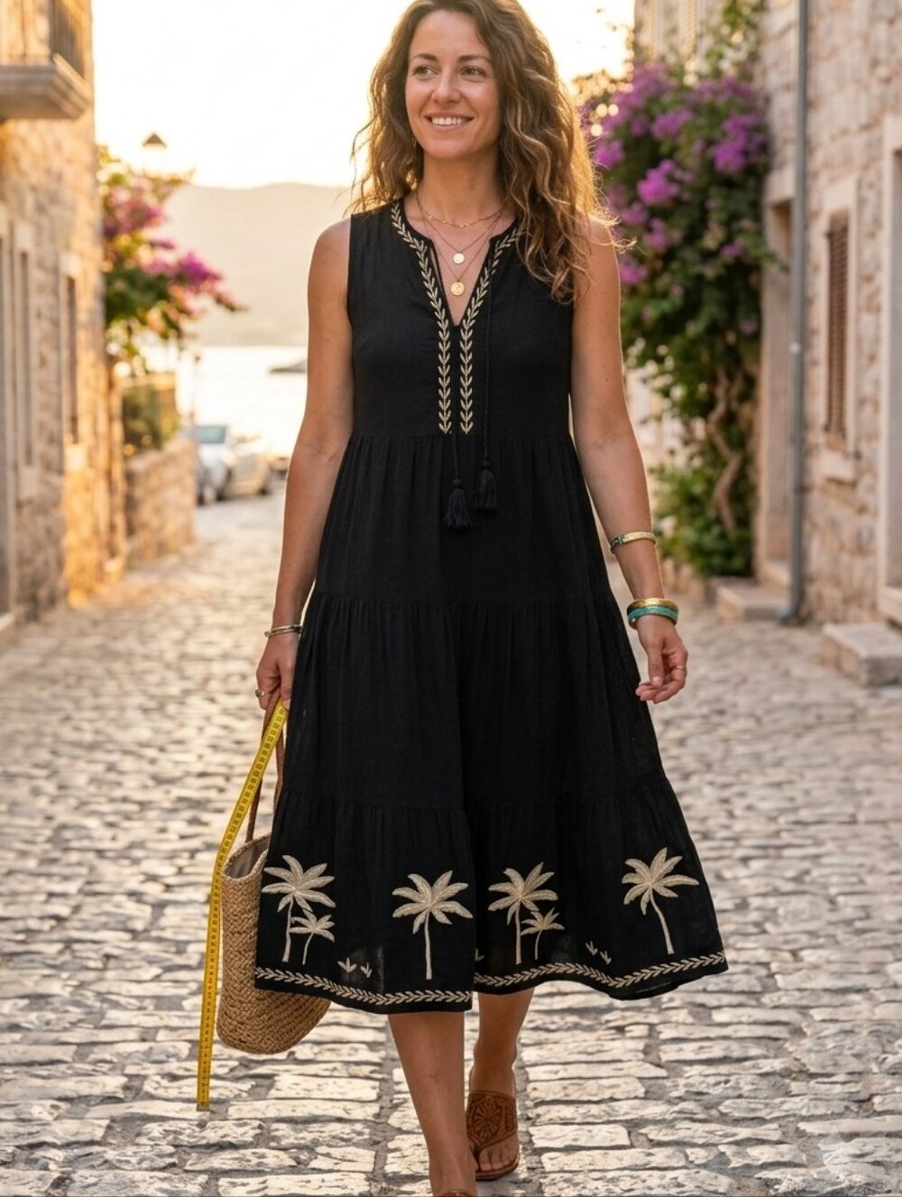 Umgee  Linen Cotton Blend Black Sleeveless Tiered Dress.